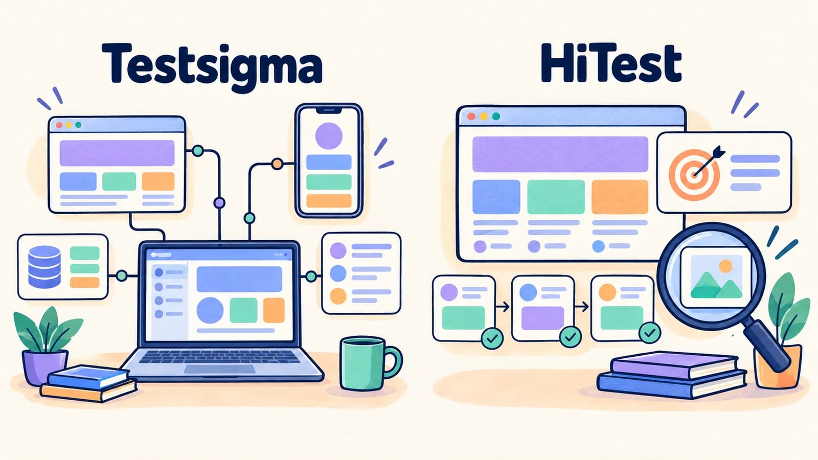 Testsigma and HiTest testing workspaces shown side by side.