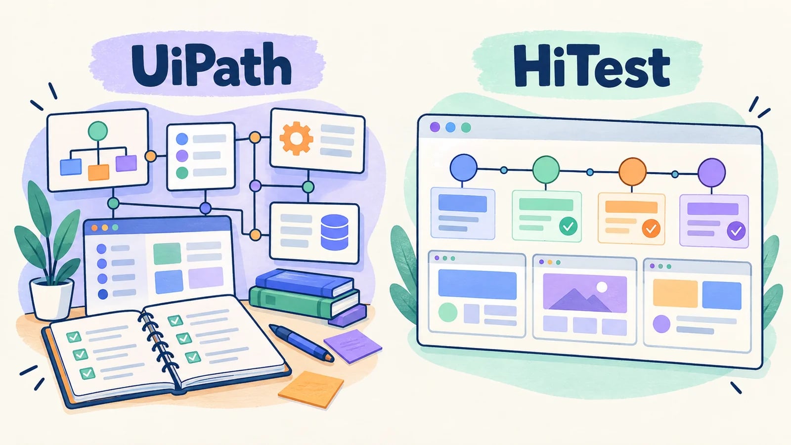 UiPath and HiTest testing workspaces shown side by side.