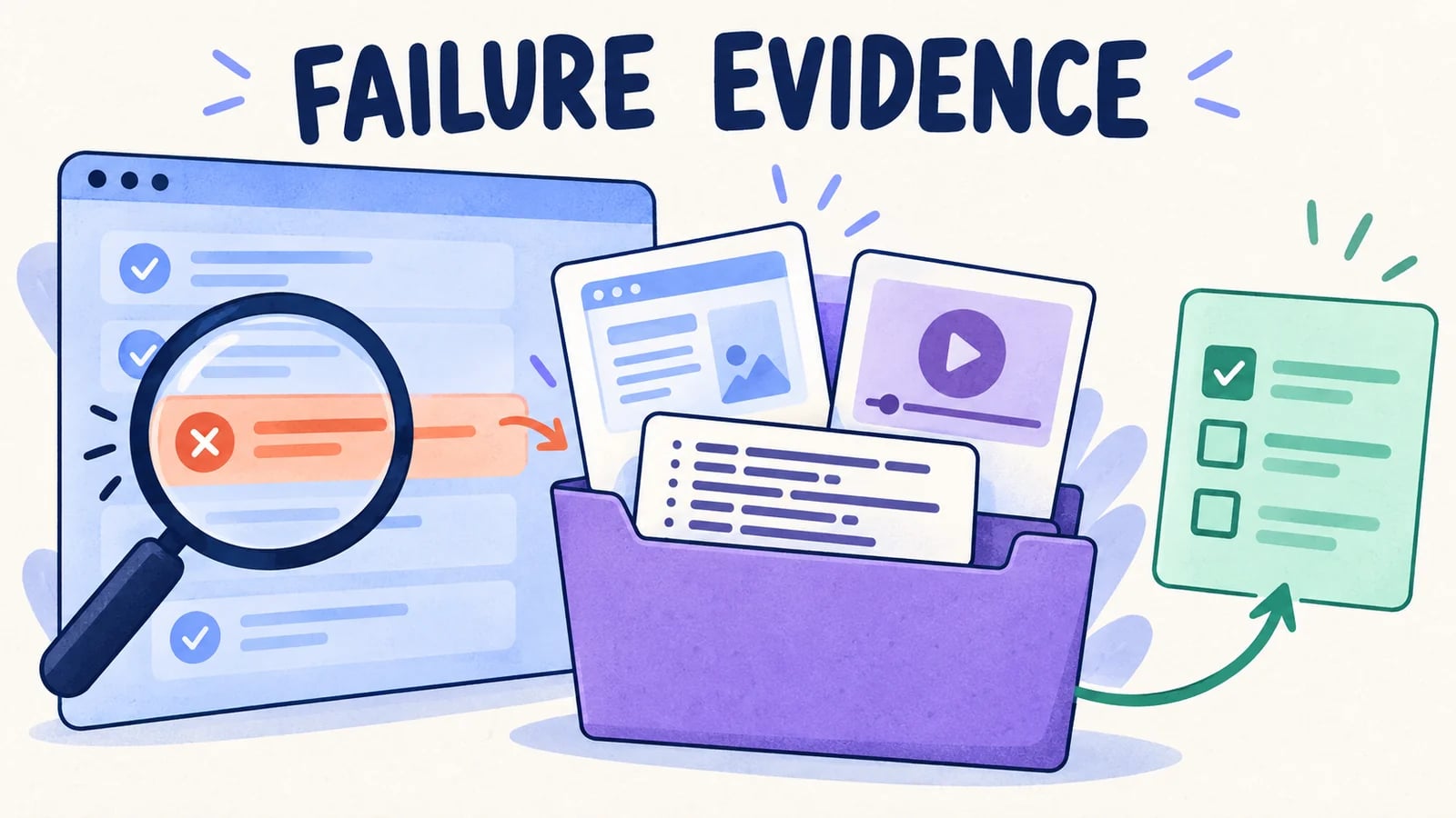 Browser failure report with screenshots, recordings, logs, and a review checklist.